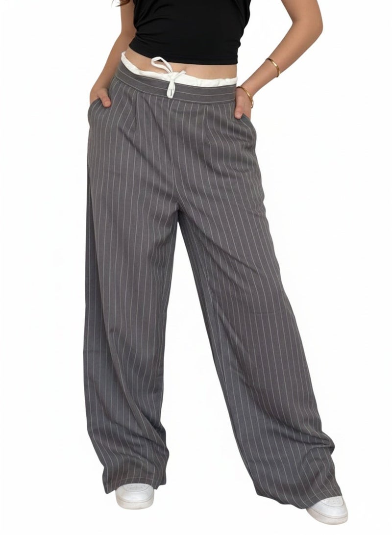 Women’s Grey Pinstripe Wide-Leg Pants with Drawstring Waist - Image 1