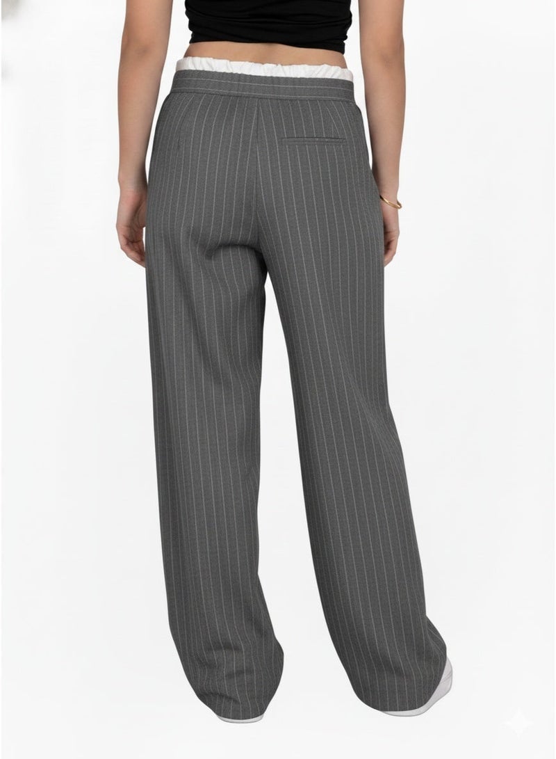 Women’s Grey Pinstripe Wide-Leg Pants with Drawstring Waist - Image 3