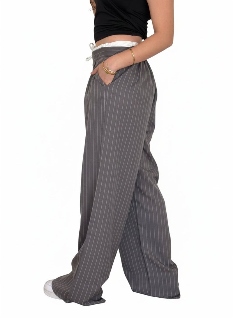Women’s Grey Pinstripe Wide-Leg Pants with Drawstring Waist - Image 2