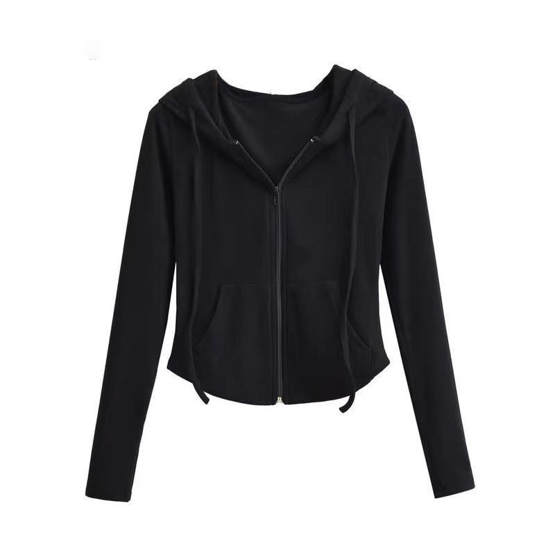 Hooded Velvet Cardigan Slim Fit Womens Sweatshirt Black - Image 1