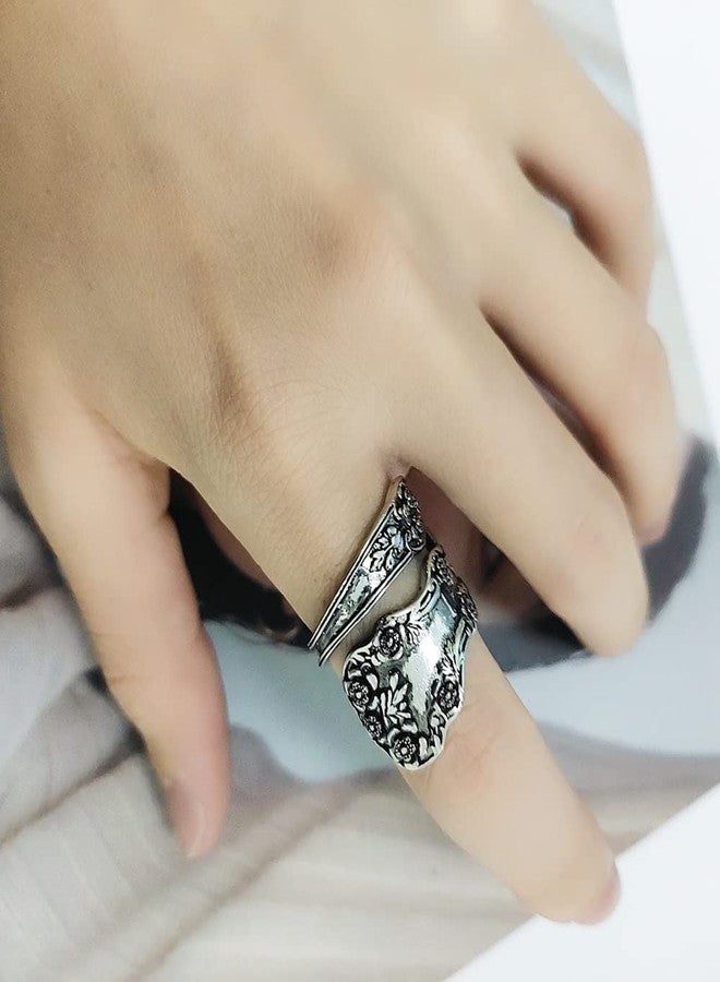 OIDIMS Vintage Flowers Spoon Rings Promise Wedding Engagement Statement Boho Circling Rose Flower Cluster Finger Open Ring Adjustable Extendable Wrap Bands for Women Men Retro Jewelry - Image 5