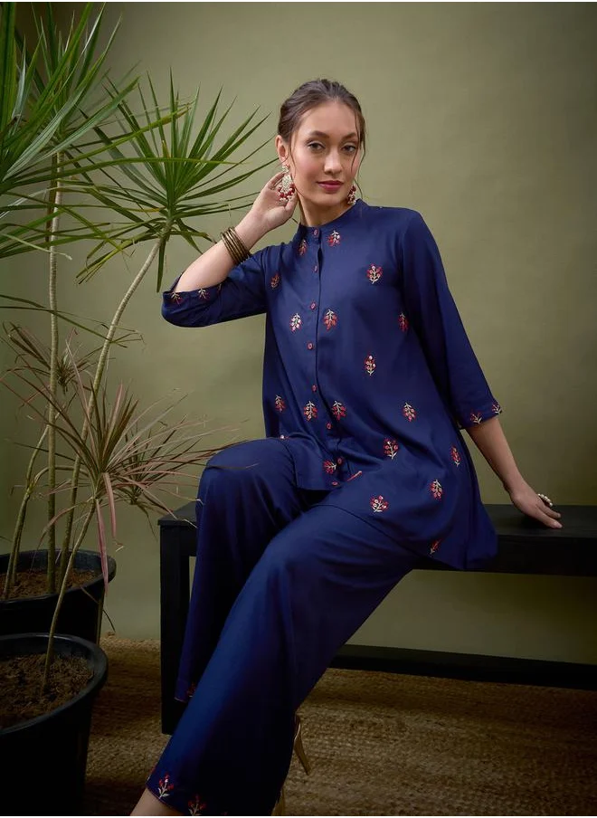 SASSAFRAS Floral Embroidered Front Shirt & Wide Leg Pants Co-Ord by Styli