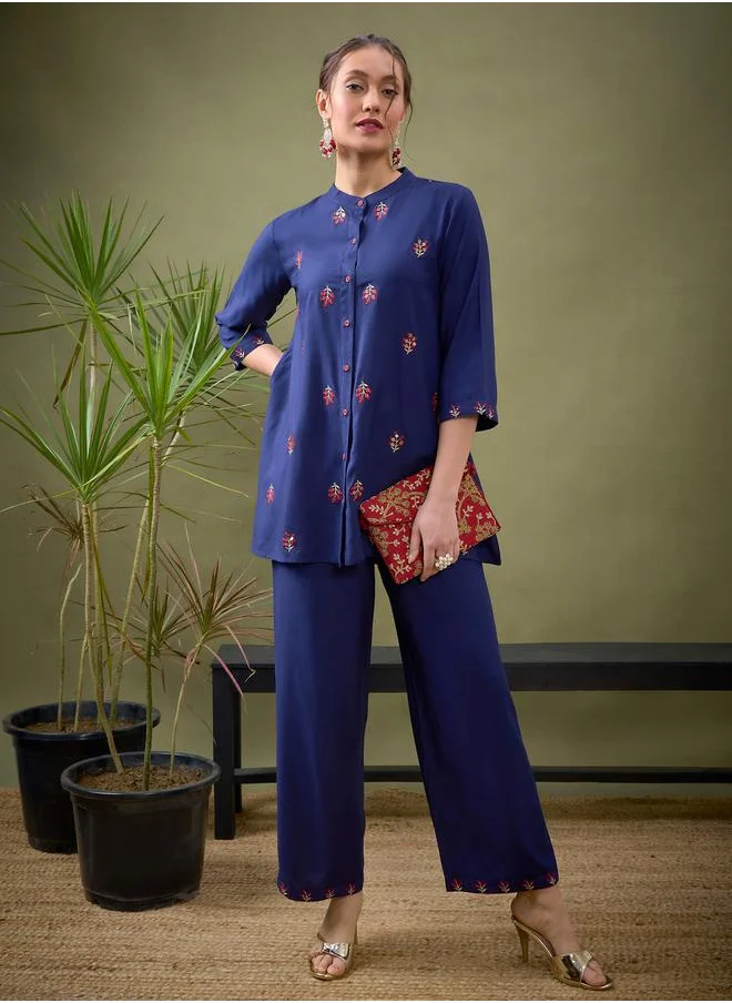 SASSAFRAS Floral Embroidered Front Shirt & Wide Leg Pants Co-Ord by Styli