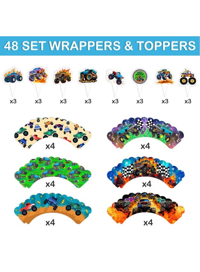 48PCS Monster Truck Themed Birthday Party Decorations | 24PCS Cupcake Toppers 24PCS Cupcake Wrappers Party Favors Supplies Centerpiece Table Gifts for Boys Girls Carnival Prizes - Image 2