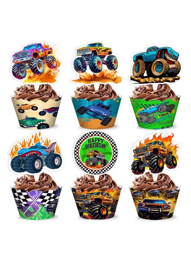 48PCS Monster Truck Themed Birthday Party Decorations | 24PCS Cupcake Toppers 24PCS Cupcake Wrappers Party Favors Supplies Centerpiece Table Gifts for Boys Girls Carnival Prizes - Image 1