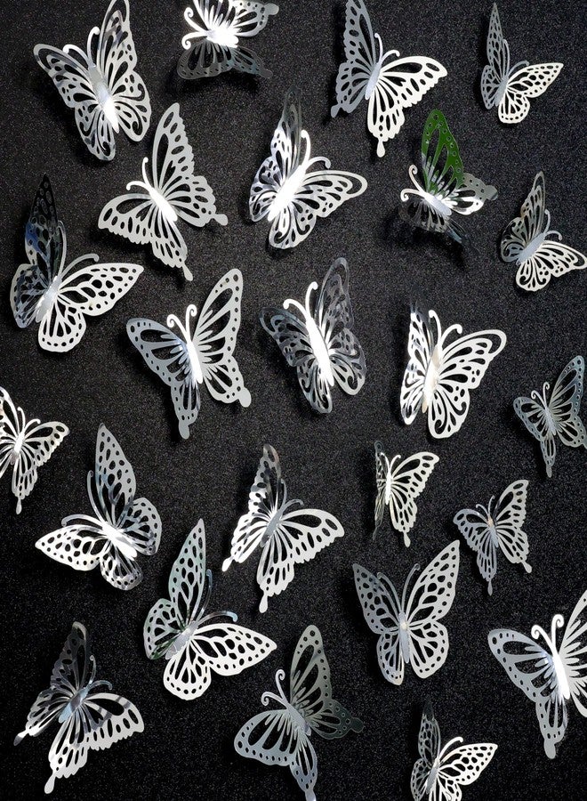Seyal 3D Laser Metallic Butterfly Wall Decor, Silver, 48Pcs 4 Styles 3 Sizes, Removable Stickers Wall Decor Room Mural for Party Cake Decoration Kids Bedroom Nursery Classroom Wedding Decor - Image 1
