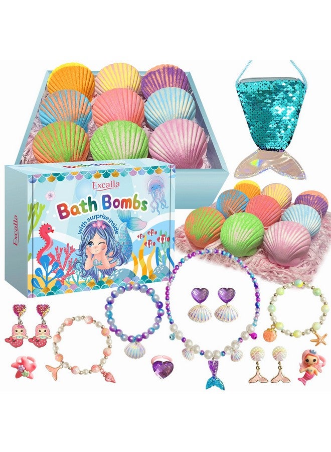 Excalla Mermaid Bath Bombs For Kids With Surprise Inside, 9 Pcs Natural Handmade Fizzy Shell Bubble Bath Bomb Kit For Girls With Jewelry Toys, Pefect For Christmas Easter Birthday Gift Princess Party Favor - Image 1