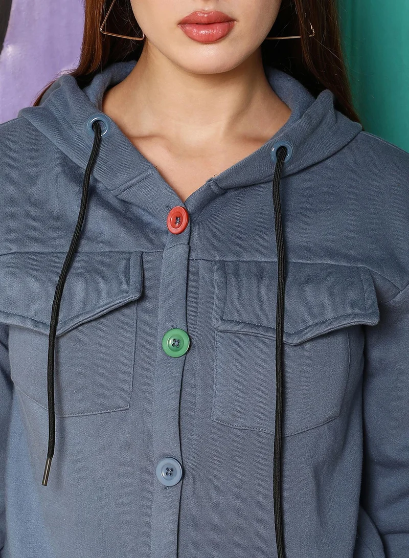 Campus Sutra Women's Stone Blue Solid Utility Hoodie For Casual Wear | Hooded Neck | Long Cuffed Sleeves | Button Closure | Sweatshirt Crafted With Comfort Fit For Everyday Wear