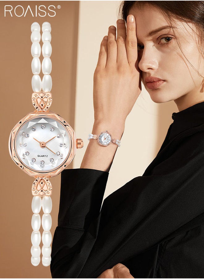 roaiss - Women's Long Pearl Strap Quartz Watch Analog Display Round Dial with Rhinestones Decoration Waterproof Bracelet Wristwatch as Gift for Women - Image 1