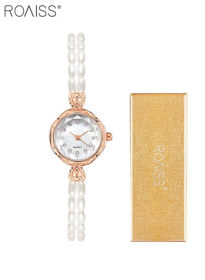 roaiss - Women's Long Pearl Strap Quartz Watch Analog Display Round Dial with Rhinestones Decoration Waterproof Bracelet Wristwatch as Gift for Women - Image 1