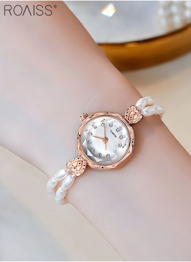 roaiss - Women's Long Pearl Strap Quartz Watch Analog Display Round Dial with Rhinestones Decoration Waterproof Bracelet Wristwatch as Gift for Women - Image 1