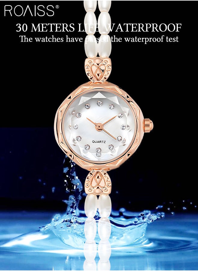 roaiss - Women's Long Pearl Strap Quartz Watch Analog Display Round Dial with Rhinestones Decoration Waterproof Bracelet Wristwatch as Gift for Women - Image 1
