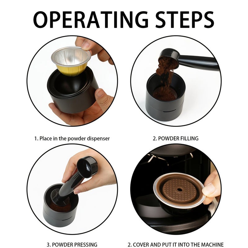 Golden Reusable Coffee Capsule Fillable Pod With 10 Filter Caps 1 Silicone Cap Powder Spoon And Pointed Tail Brush Tamping Kit - Image 4