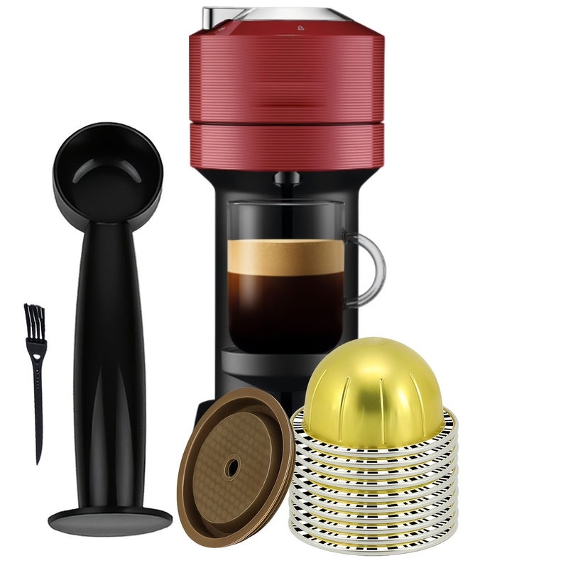 Golden Reusable Coffee Capsule Fillable Pod With 10 Filter Caps 1 Silicone Cap Powder Spoon And Pointed Tail Brush Tamping Kit - Image 1