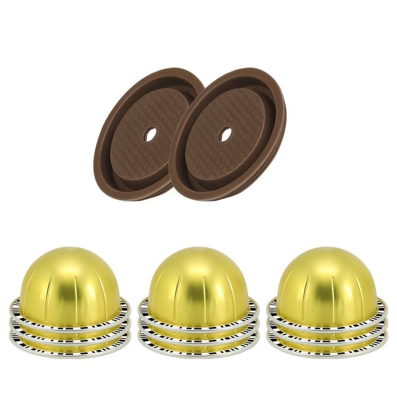 Golden Reusable Coffee Capsule Fillable Pod With 10 Filter Caps 1 Silicone Cap Powder Spoon And Pointed Tail Brush Tamping Kit - Image 5