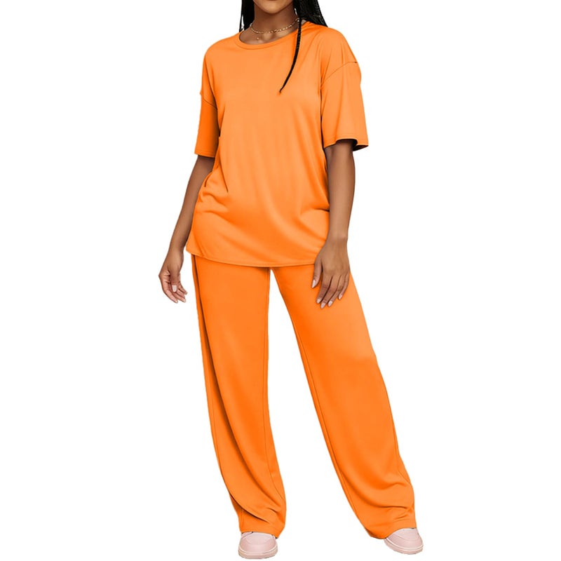HBQ Women's 2 Piece Outfits Loose Fit Tops Wide Leg Pants Short Sleeve Lounge Matching Sets Sweatsuits-Orange-XL - Image 1