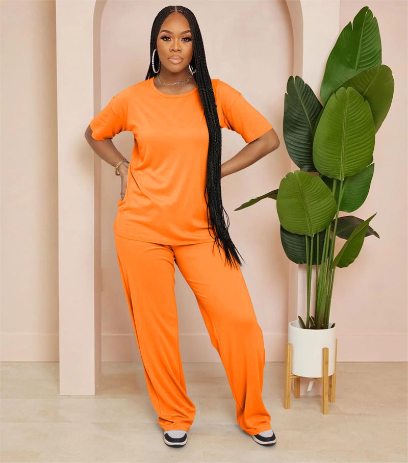 HBQ Women's 2 Piece Outfits Loose Fit Tops Wide Leg Pants Short Sleeve Lounge Matching Sets Sweatsuits-Orange-XL - Image 2