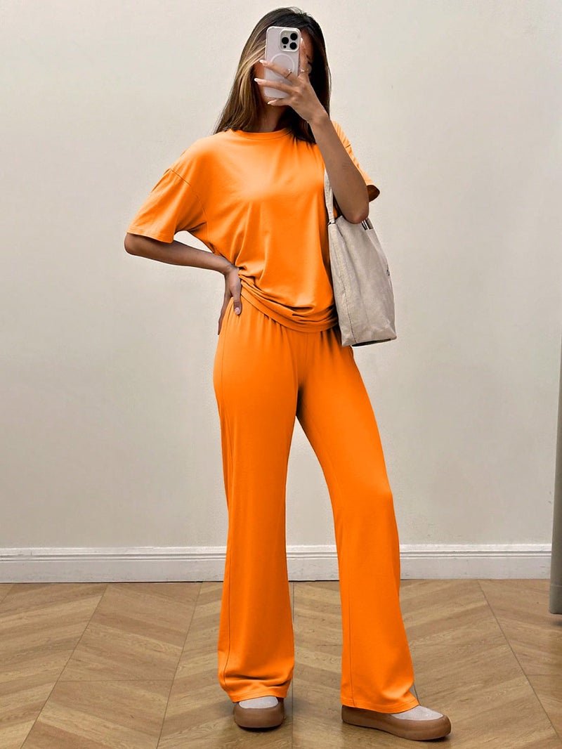 HBQ Women's 2 Piece Outfits Loose Fit Tops Wide Leg Pants Short Sleeve Lounge Matching Sets Sweatsuits-Orange-XL - Image 4