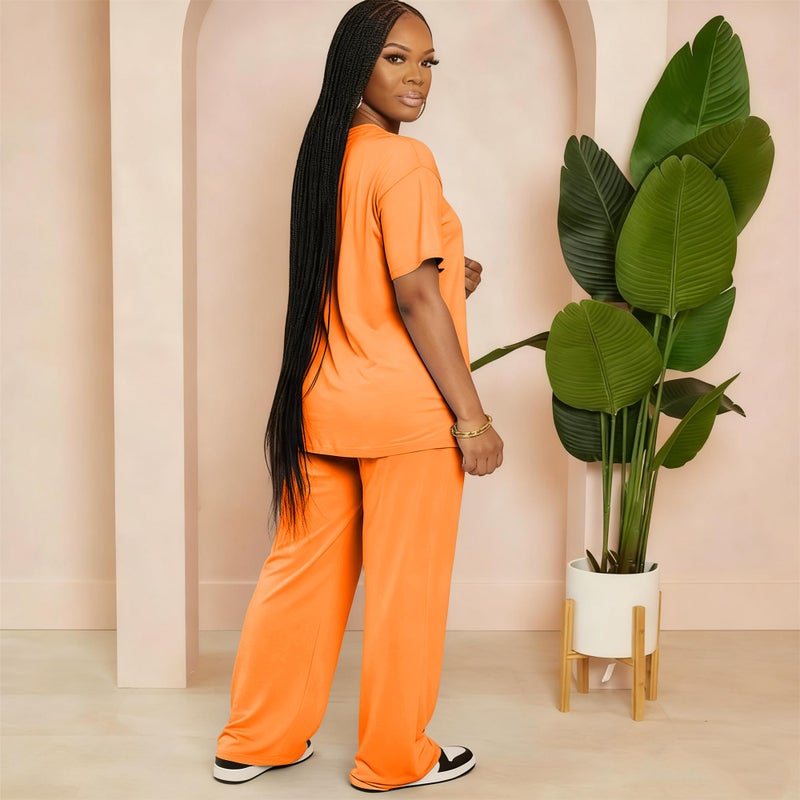 HBQ Women's 2 Piece Outfits Loose Fit Tops Wide Leg Pants Short Sleeve Lounge Matching Sets Sweatsuits-Orange-XL - Image 3