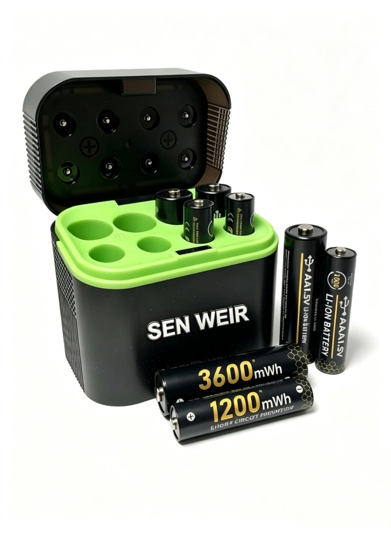 SEN WEIR Rechargeable 4 AA and 4 AAA Batteries Lithium with Charger, Home Battery,8 Pack 1.5 V Triple A Double A Batteries Rechargeable, Long Lasting Lithium Battery with Integrated Charging Storage Box(4AAA+4AA) - Image 1