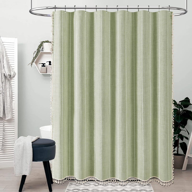 BTTN Sage Green Farmhouse Shower Curtain, Boho Linen Striped Heavy Duty Fabric Shower Curtain Set with Tassel, Bohemian Country Thick Shower Curtain for Bathroom, Wrinkle Free, Water Repellent, 72x72 - Image 2