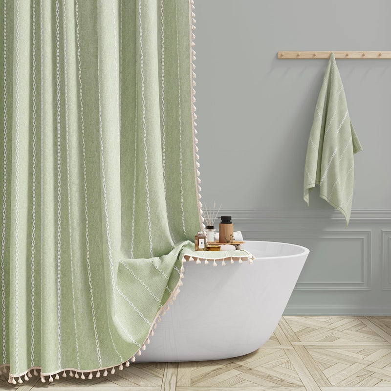 BTTN Sage Green Farmhouse Shower Curtain, Boho Linen Striped Heavy Duty Fabric Shower Curtain Set with Tassel, Bohemian Country Thick Shower Curtain for Bathroom, Wrinkle Free, Water Repellent, 72x72 - Image 1