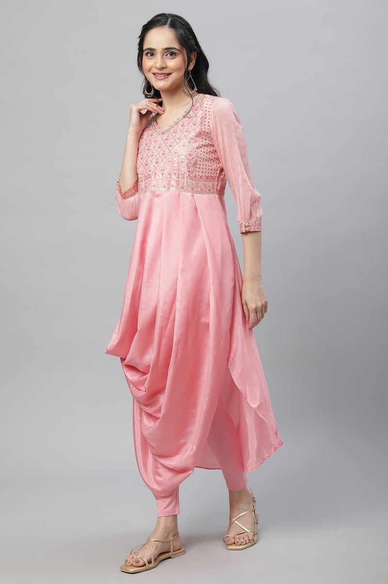 Aurelia Pink Floral Printed Foil Sequin Kurta Dupatta Bottomwear - Image 2