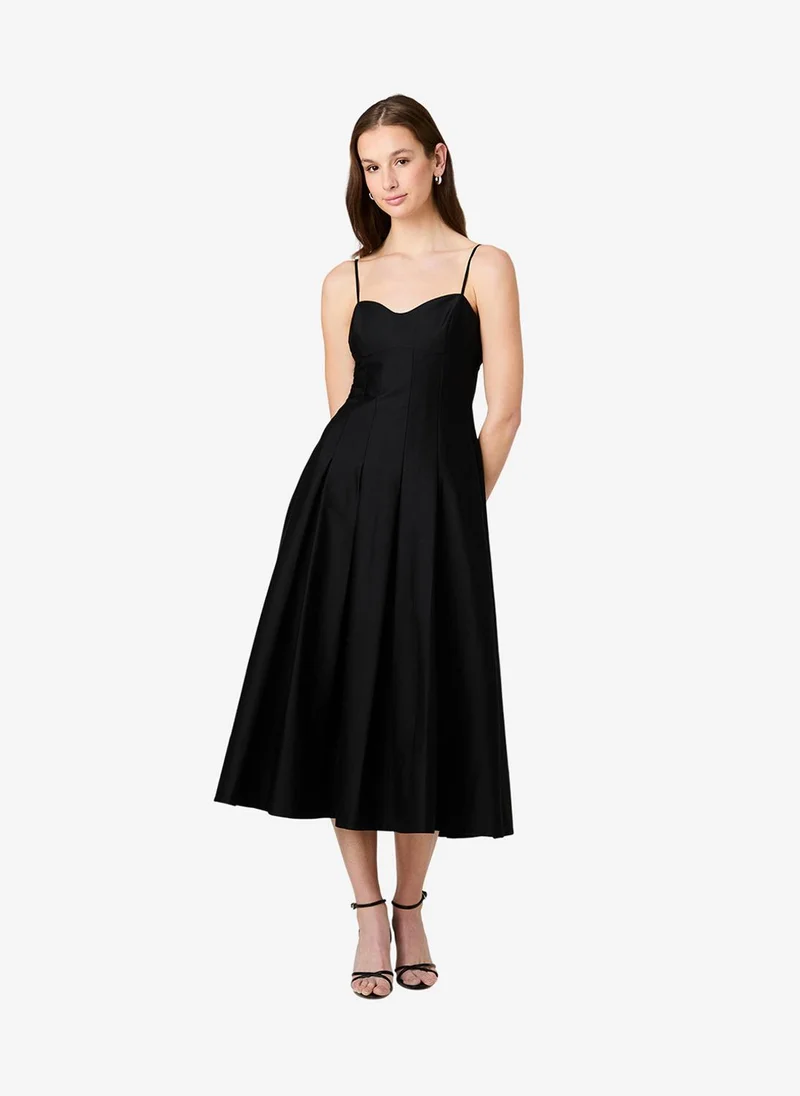 Women's Black Cotton Sateen Pleated Midi Dress