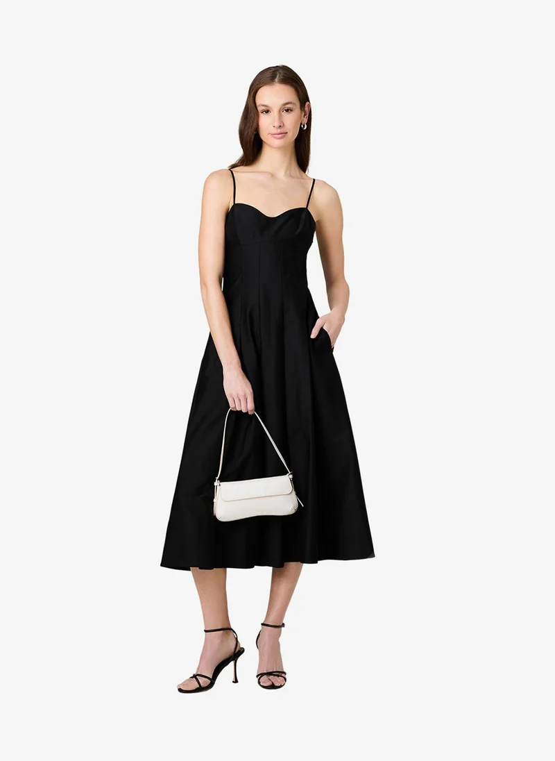 فرنش كونكشن Women's Black Cotton Sateen Pleated Midi Dress