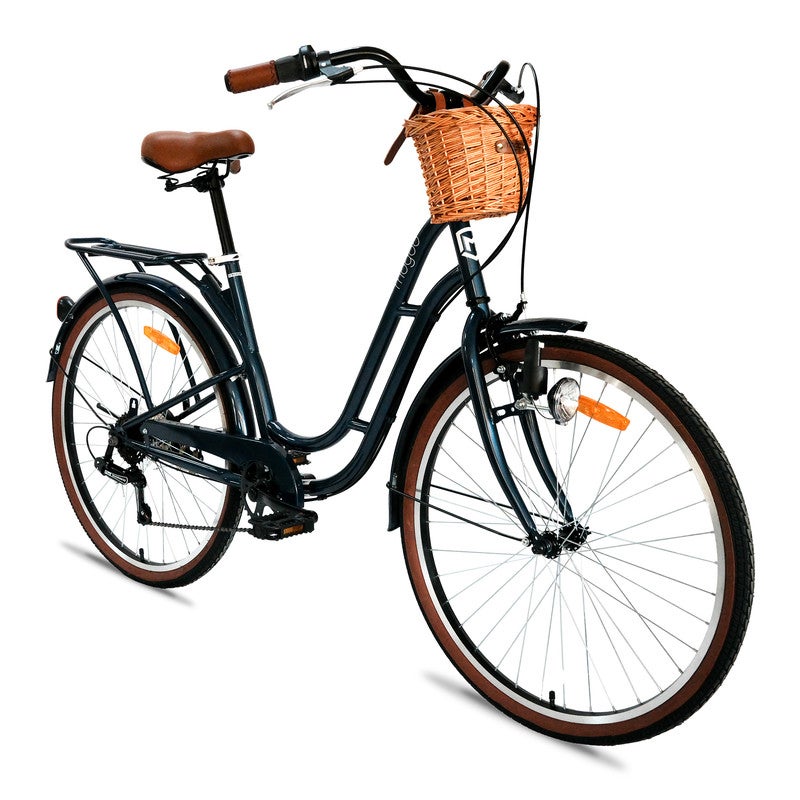 MOGOO Florida Vintage 24-Inch City Bike For Women & Girls, 24 Inch Wheel Sizes | Shimano 6-Speed Drivetrain | Durable Steel Step-Through Frame with Front Wicker Basket | Rear Carrier & Dynamo LED Headlight - Royal Blue - Image 2
