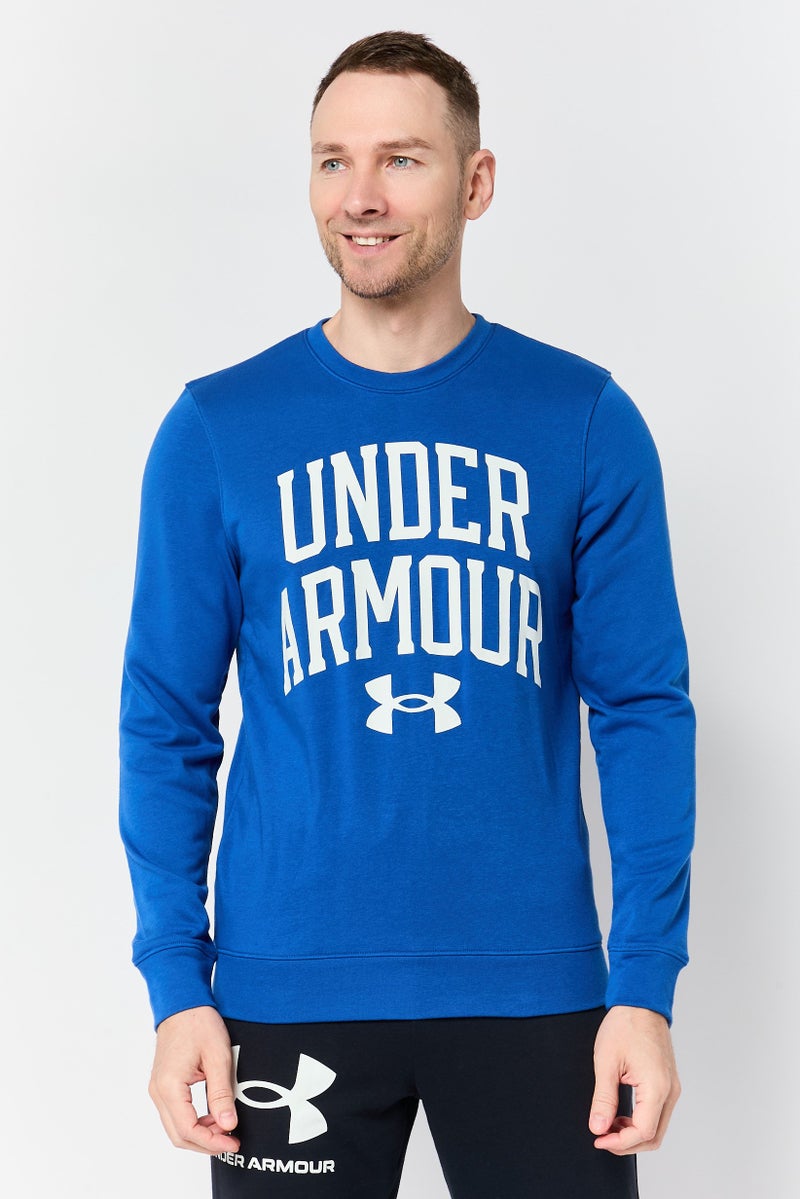 UNDER ARMOUR سويت شيرت رجالي فضفاض بأكمام طويلة للخارج، أزرق - Image 1