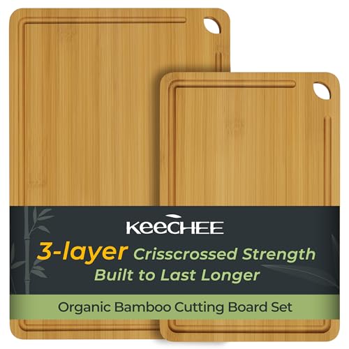Keechee Chopping Board 2-Pcs Natural Bamboo Cutting Board With Juice Channels & Knife-Friendly Finish For Versatile Kitchen Use, Ideal Charcuterie & Chopping Multi-Use - Image 1