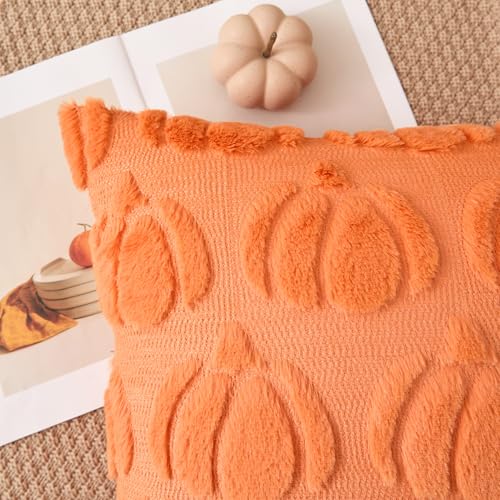 K KEVIN TEXTILE Kevin Textile Fall Pillow Covers 18x18 Inch Set of 2 Soft Pumpkins Decorative Square Pillowcases Plush Autumn Faux Fur Cushions Harvest Gift for Couch Sofa Chair Bedroom Home Decor Orange - Image 3