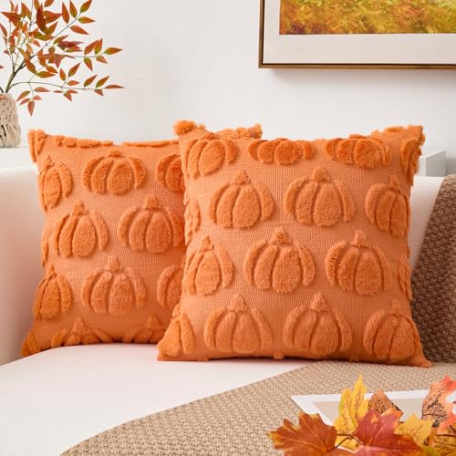K KEVIN TEXTILE Kevin Textile Fall Pillow Covers 18x18 Inch Set of 2 Soft Pumpkins Decorative Square Pillowcases Plush Autumn Faux Fur Cushions Harvest Gift for Couch Sofa Chair Bedroom Home Decor Orange - Image 1