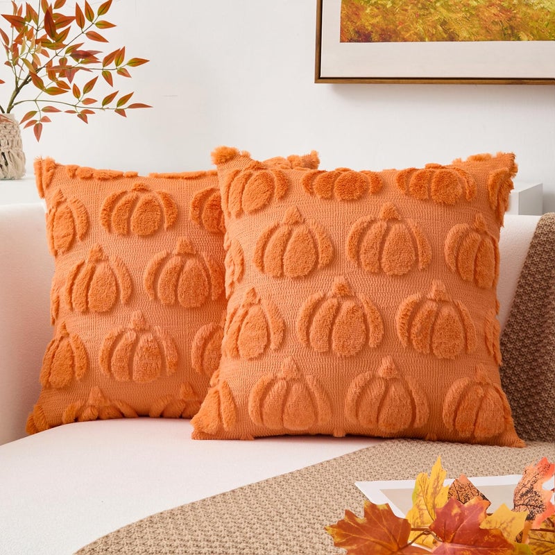 K KEVIN TEXTILE Kevin Textile Fall Pillow Covers 18x18 Inch Set of 2 Soft Pumpkins Decorative Square Pillowcases Plush Autumn Faux Fur Cushions Harvest Gift for Couch Sofa Chair Bedroom Home Decor Orange - Image 2