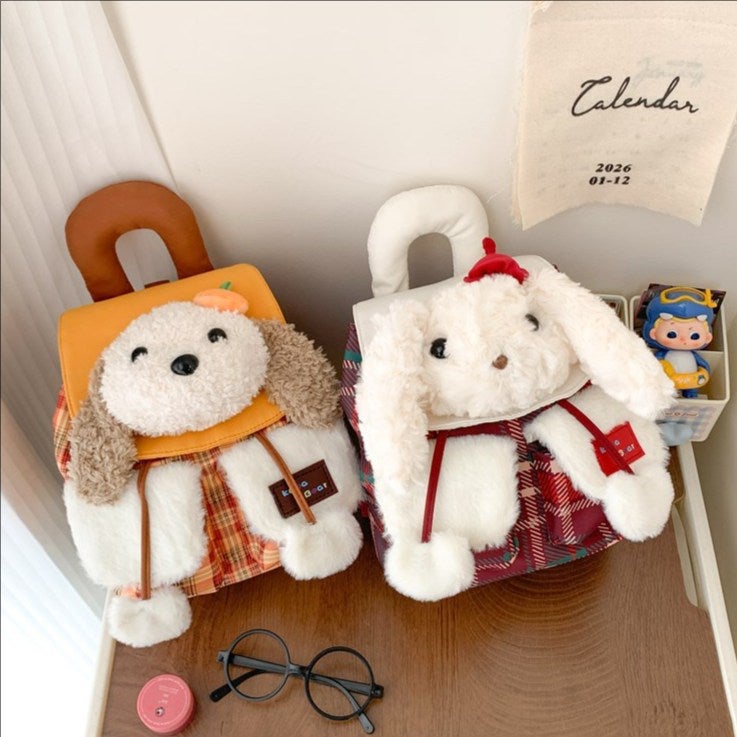 Cute Plush Puppy Head Flap Mini Backpack Cartoon Plaid for Girls - Image 1