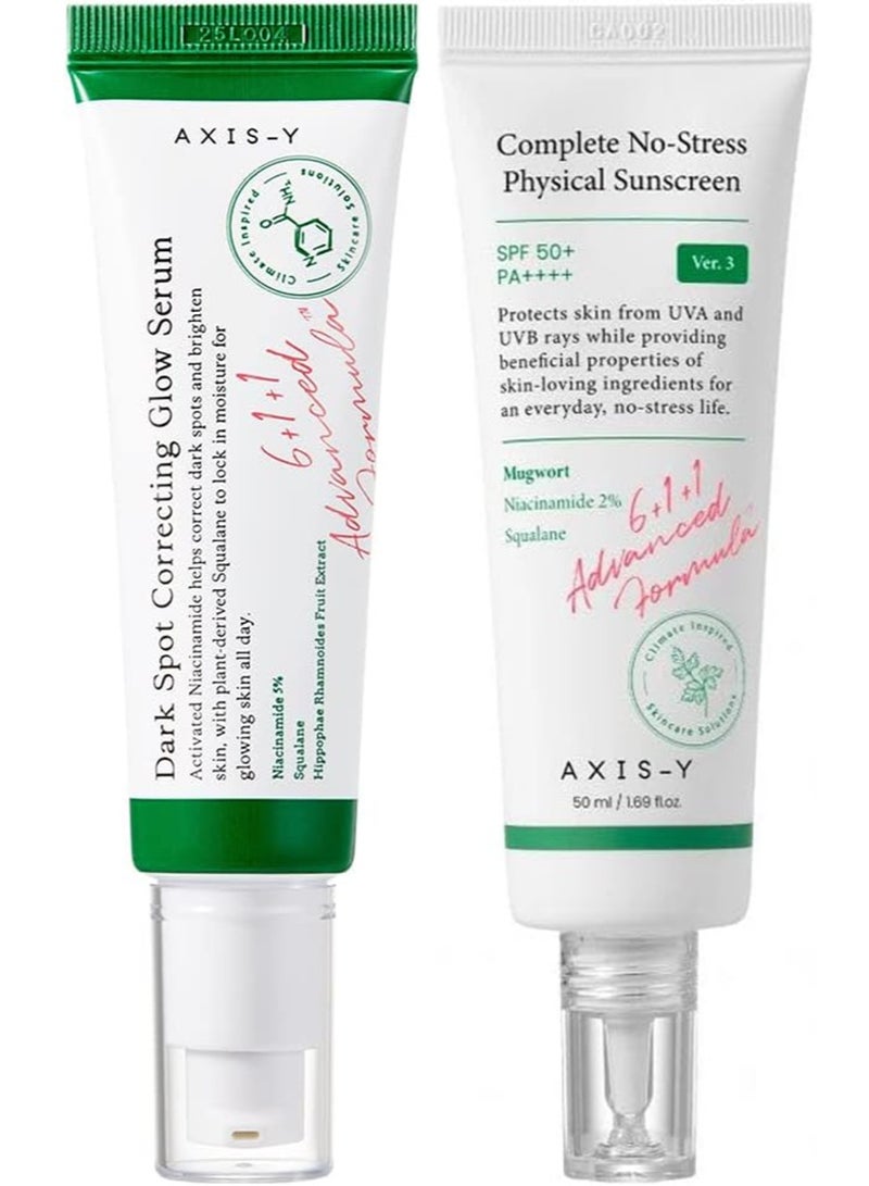 AXIS-Y Dark Spot Correcting Glow Serum+Complete No Stress Physical Sunscreen SPF 50+ Set,5% Niacinamide with Korean Papaya to Care for Hyperpigmentation,For All Skin Type - Image 1