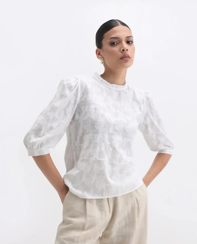 Rareism Women's Ruffled Neck Jacquard Top