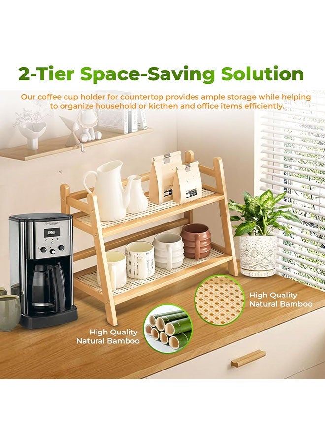 Countertop Storage Rack 2 Tier Bamboo Wicker Look Coffee Station Organizer Mug Holder Kitchen Home Counter Shelf for Tea Coffee Bar Accessories, Matcha Stand, Cup Display, Condiment Storage Rack Bamboo Storage Rack - Image 4