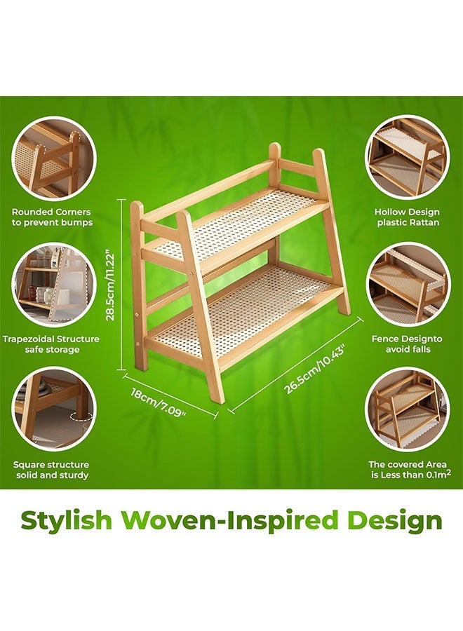 Countertop Storage Rack 2 Tier Bamboo Wicker Look Coffee Station Organizer Mug Holder Kitchen Home Counter Shelf for Tea Coffee Bar Accessories, Matcha Stand, Cup Display, Condiment Storage Rack Bamboo Storage Rack - Image 2