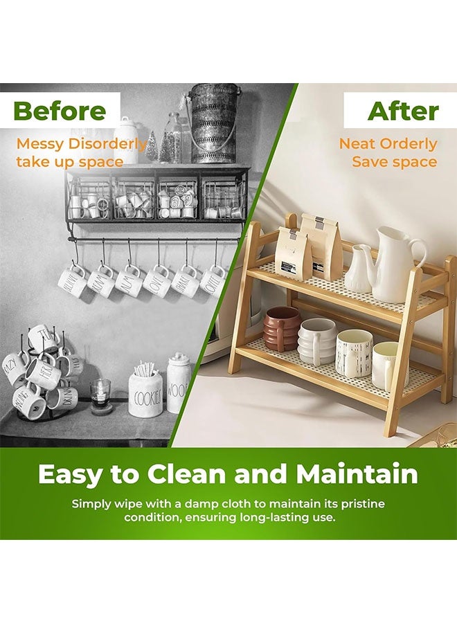 Countertop Storage Rack 2 Tier Bamboo Wicker Look Coffee Station Organizer Mug Holder Kitchen Home Counter Shelf for Tea Coffee Bar Accessories, Matcha Stand, Cup Display, Condiment Storage Rack Bamboo Storage Rack - Image 5