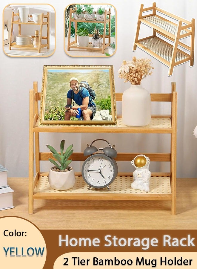 Countertop Storage Rack 2 Tier Bamboo Wicker Look Coffee Station Organizer Mug Holder Kitchen Home Counter Shelf for Tea Coffee Bar Accessories, Matcha Stand, Cup Display, Condiment Storage Rack Bamboo Storage Rack - Image 1
