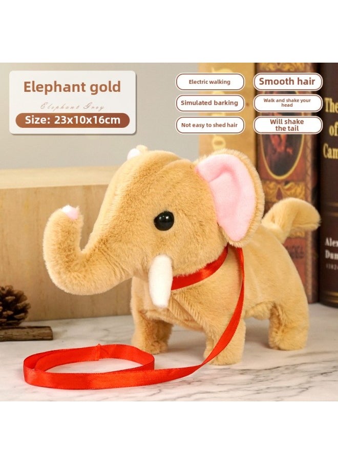 Portable Cage] Children's Electric Simulation Pet Dog Pet Plush Walking Sound-making Tail-shaking Toy-Color:Elephant (yellow) + Portable Cage + Traction Rope +6-piece Set  - Image 1