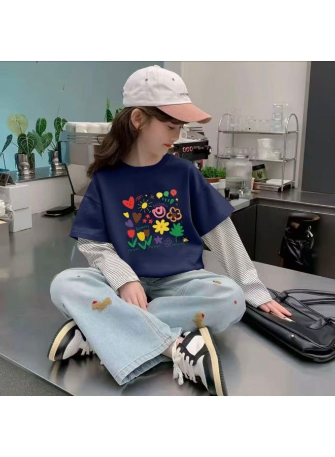 Girls' Pure Cotton Two-piece Long-sleeve T-shirt For Spring And Autumn, Korean Style Versatile Patchwork Striped Base Shirt Top For Older Children
