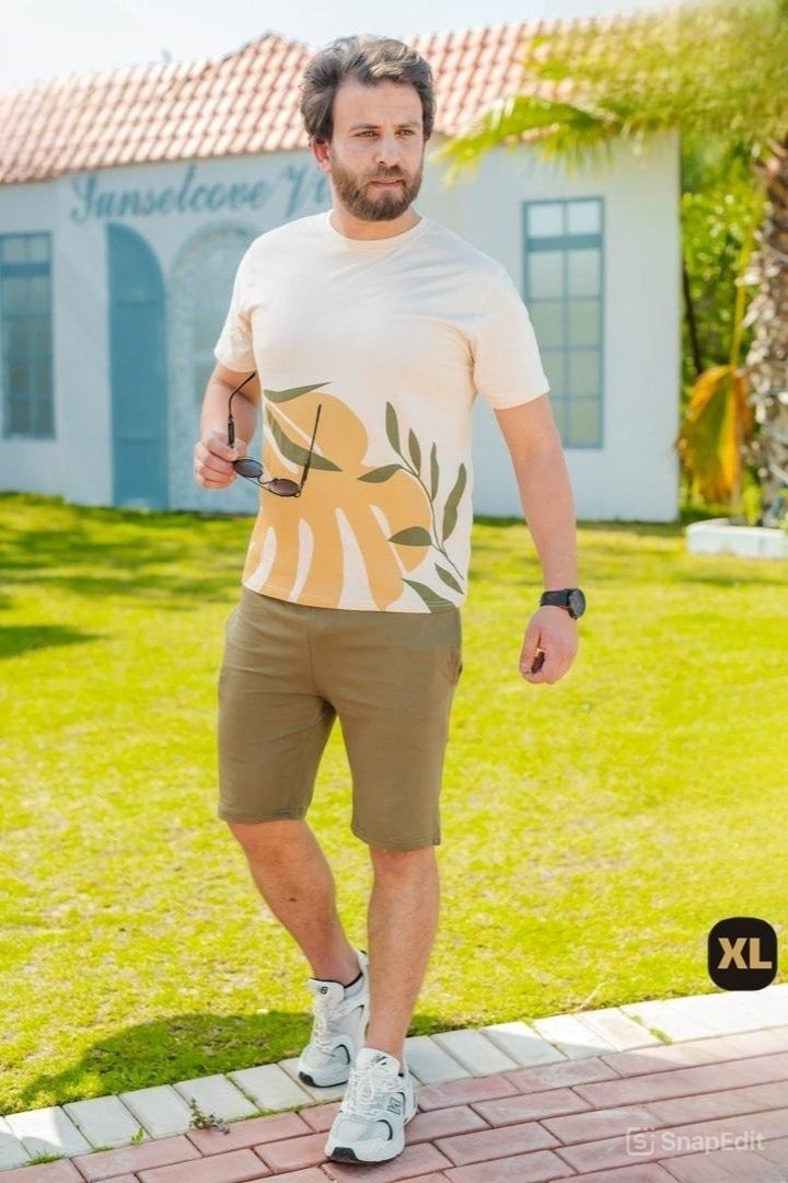 Casual shorts set, comfortable for men, suitable for outings, olive green and white  - Image 3