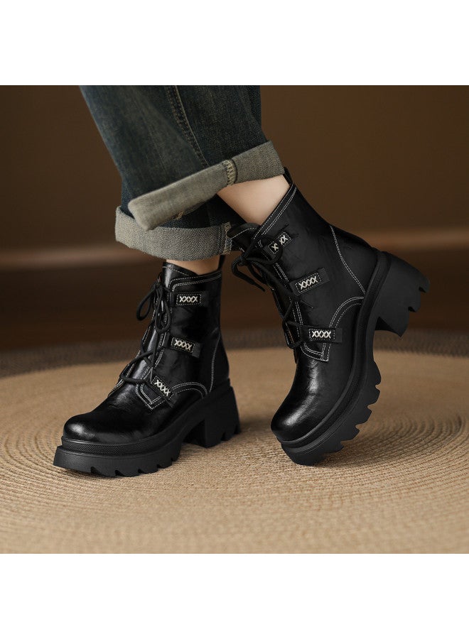 AME Personality Martin Boots Women 2025 Winter New Style Exposed Stitch Design Lace-up Martin Boots Sweet And Edgy Ankle Boots For Women - Image 2