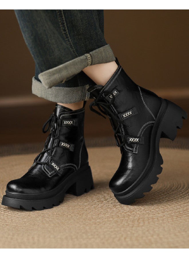 AME Personality Martin Boots Women 2025 Winter New Style Exposed Stitch Design Lace-up Martin Boots Sweet And Edgy Ankle Boots For Women - Image 1