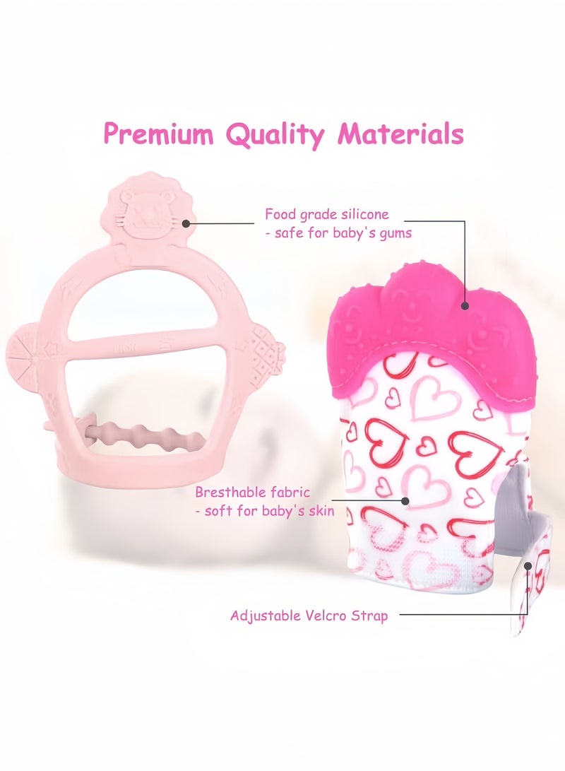 ColaBear 2PCS Baby Teething Set, Includes Baby Chew Toy and Silicone Mitten Teether Glove, Infant Soothing Pain Relief for Baby (Pink) - Image 3