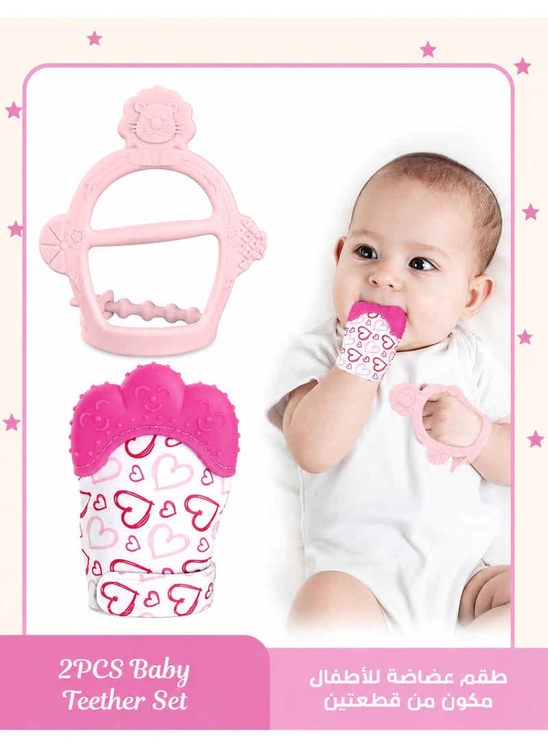ColaBear 2PCS Baby Teething Set, Includes Baby Chew Toy and Silicone Mitten Teether Glove, Infant Soothing Pain Relief for Baby (Pink) - Image 1