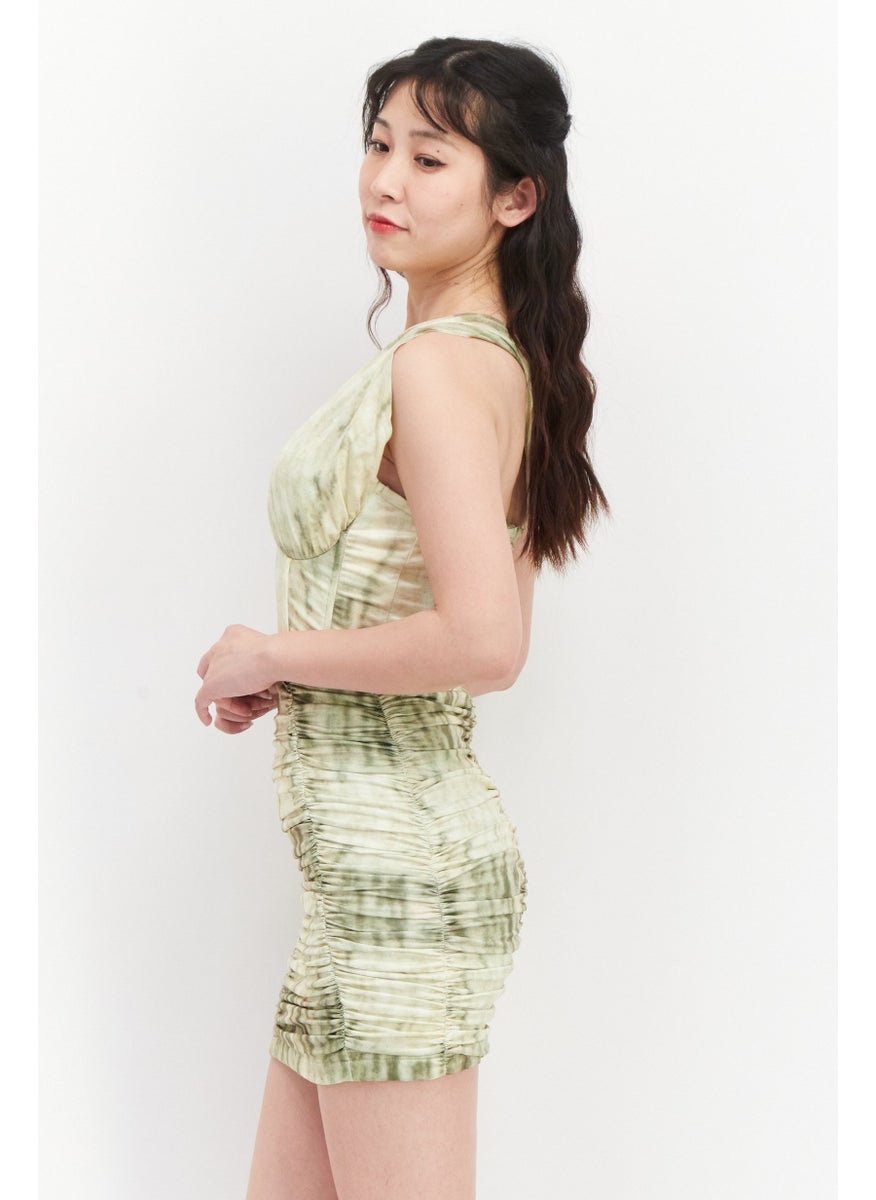 Parallel Lines - Women Textured Padded Mini Dress, Light Green - Image 1